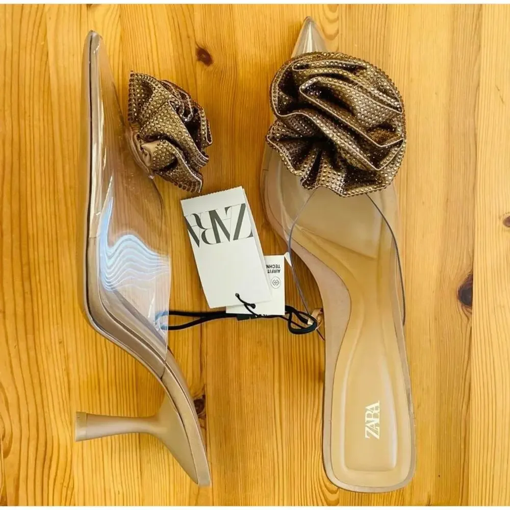 ZARA Floral Rosette Mule Heels NWT Pointed Toe Nude Vinyl Pumps Size 7.5 - Picture 7 of 16